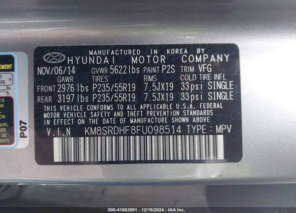 2015 HYUNDAI SANTA FE LIMITED VIN: KM8SRDHF8FU098514