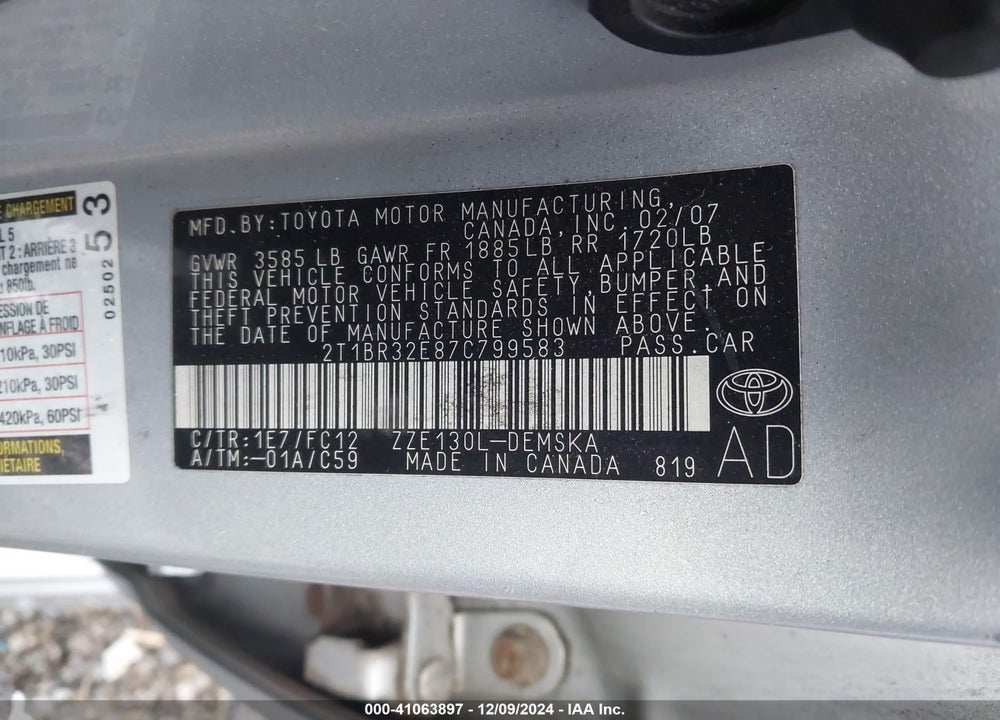 2007 TOYOTA COROLLA S VIN: 2T1BR32E87C799583