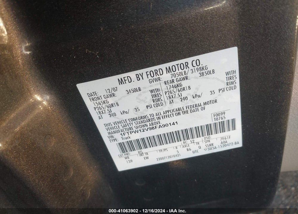 2008 FORD F-150 60TH ANNIVERSARY/FX2/KING RANCH/LARIAT/XLT VIN: 1FTPW12V98FA90141