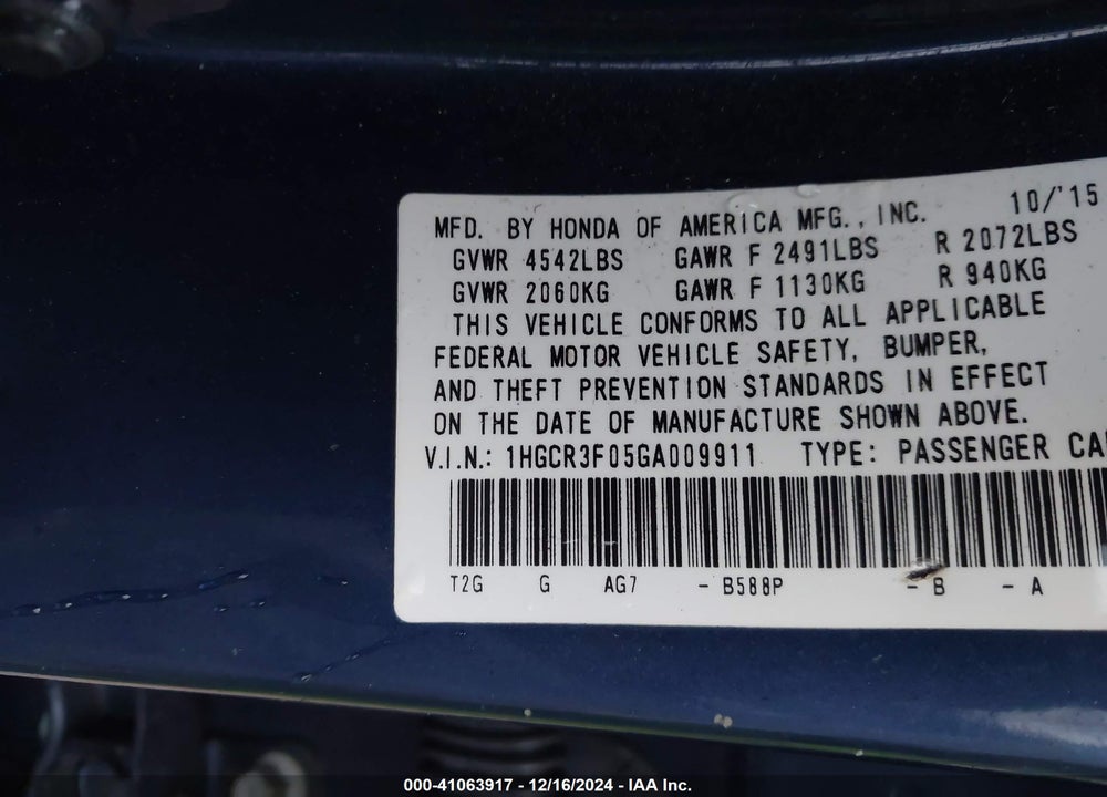 2016 HONDA ACCORD EX-L V-6 VIN: 1HGCR3F05GA009911