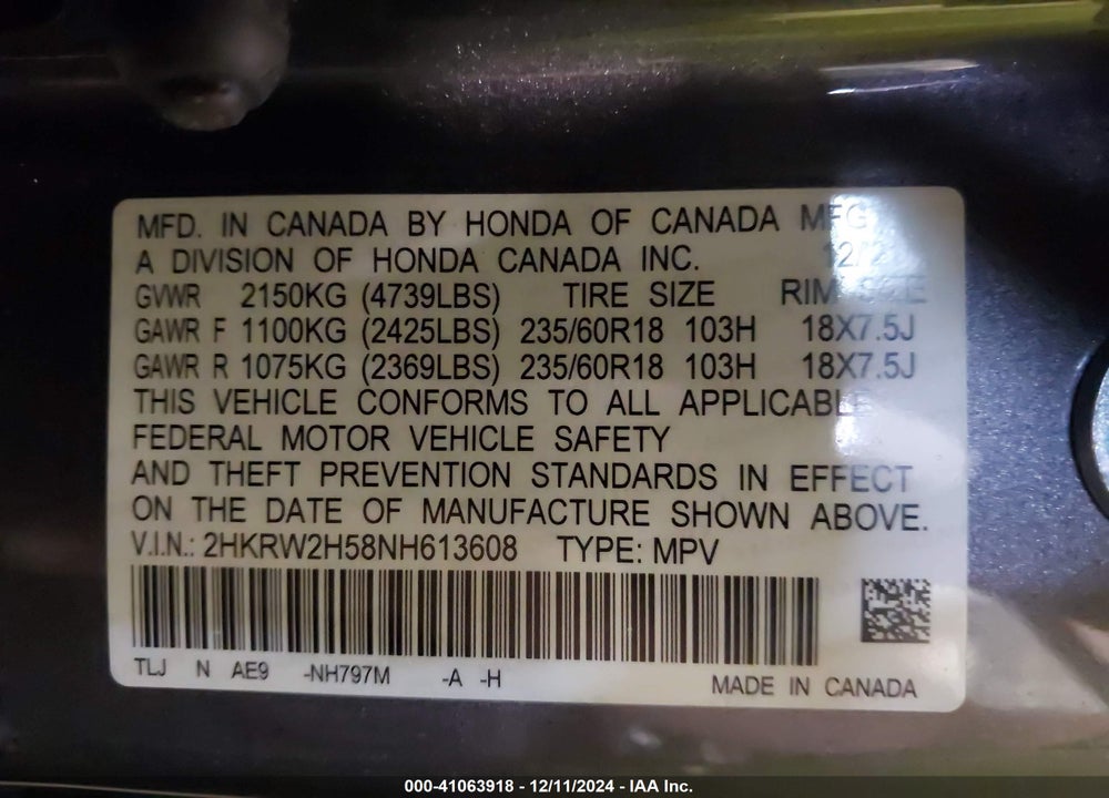 2022 HONDA CR-V AWD EX VIN: 2HKRW2H58NH613608