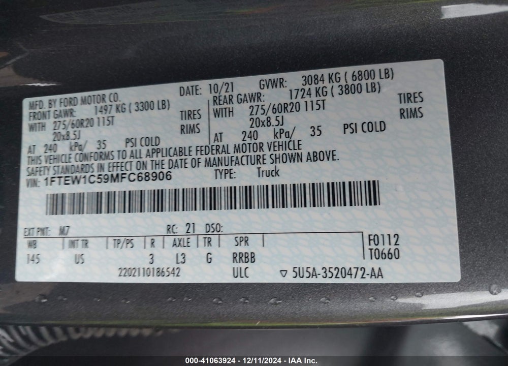 2021 FORD F-150 XLT VIN: 1FTEW1C59MFC68906