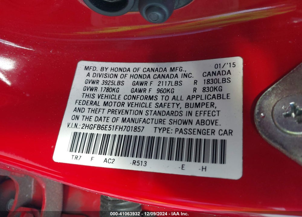 2015 HONDA CIVIC SI VIN: 2HGFB6E51FH701857