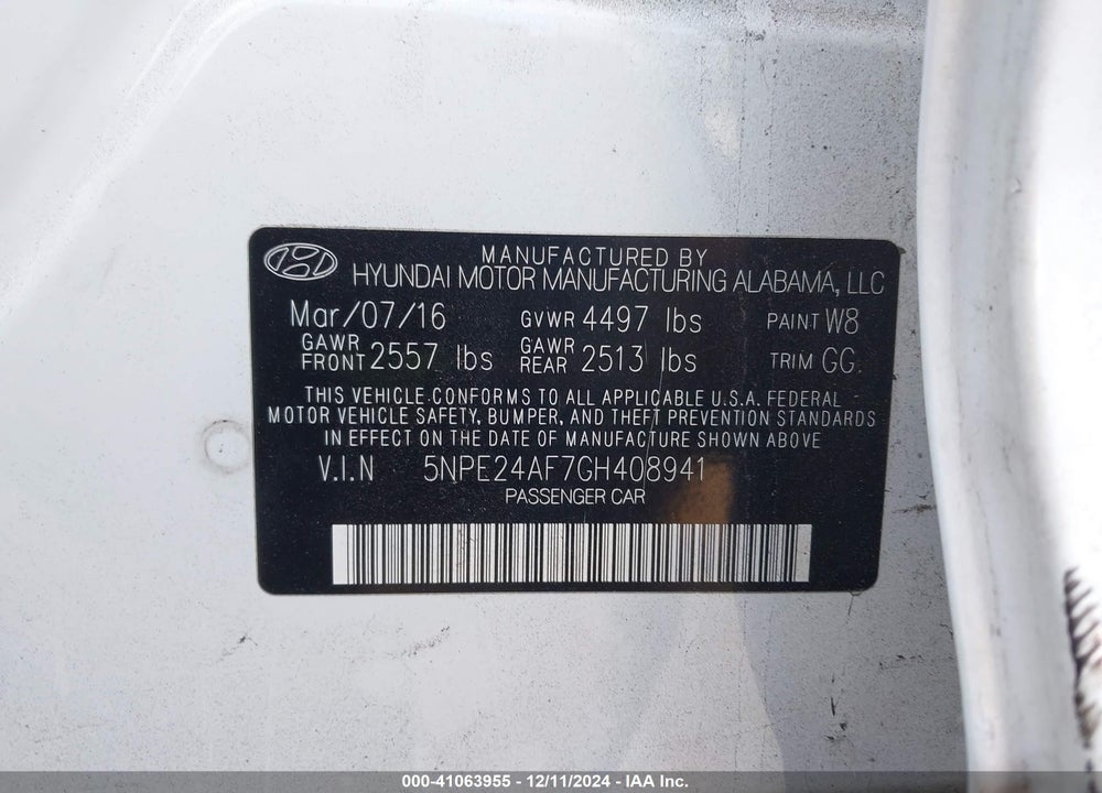 2016 HYUNDAI SONATA VIN: 5NPE24AF7GH408941