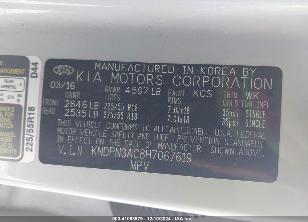 2017 KIA SPORTAGE EX VIN: KNDPN3AC8H7067619