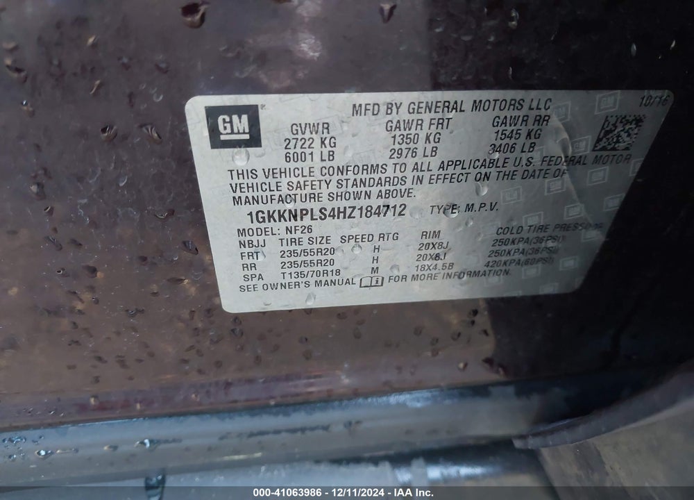 2017 GMC ACADIA DENALI VIN: 1GKKNPLS4HZ184712