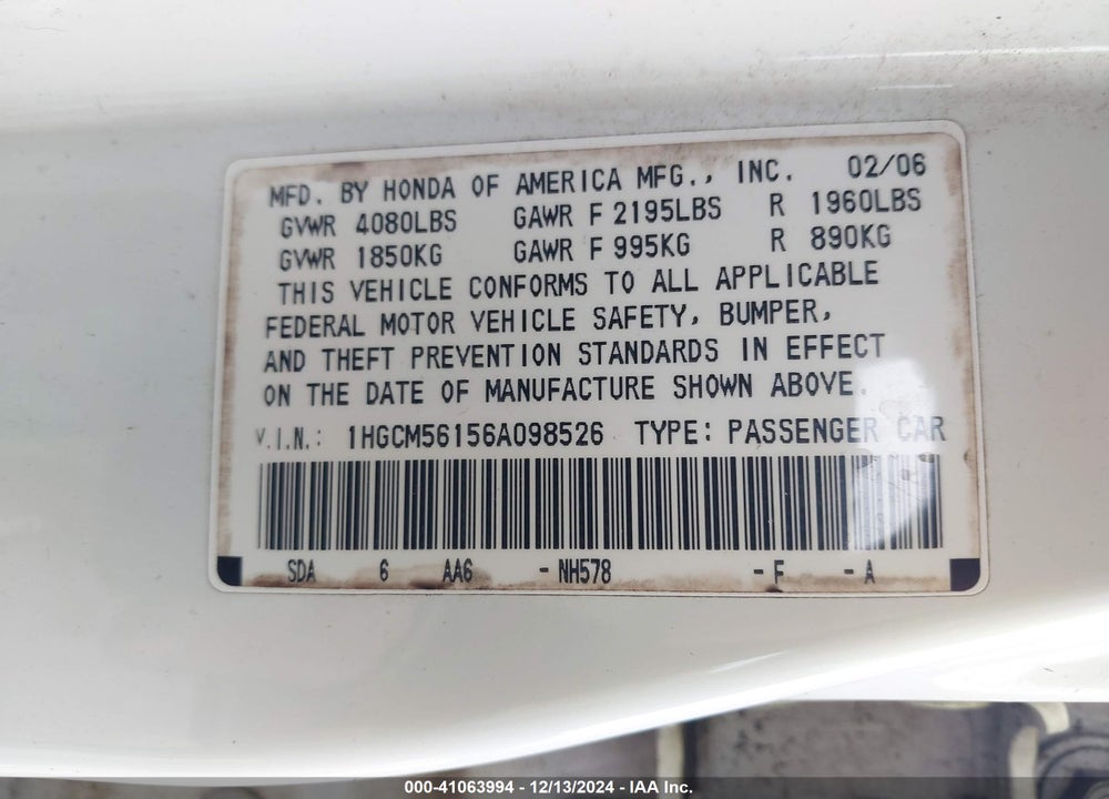 2006 HONDA ACCORD 2.4 VP VIN: 1HGCM56156A098526