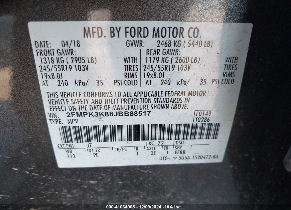 2018 FORD EDGE TITANIUM VIN: 2FMPK3K88JBB88517