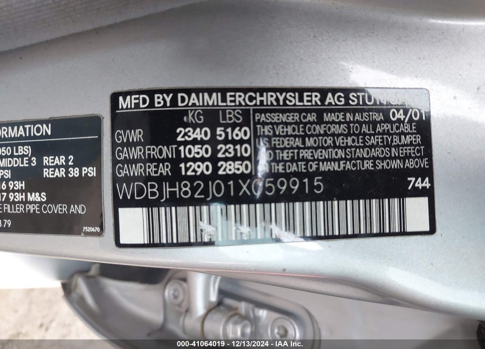 2001 MERCEDES-BENZ E 320 4M VIN: WDBJH82J01X059915