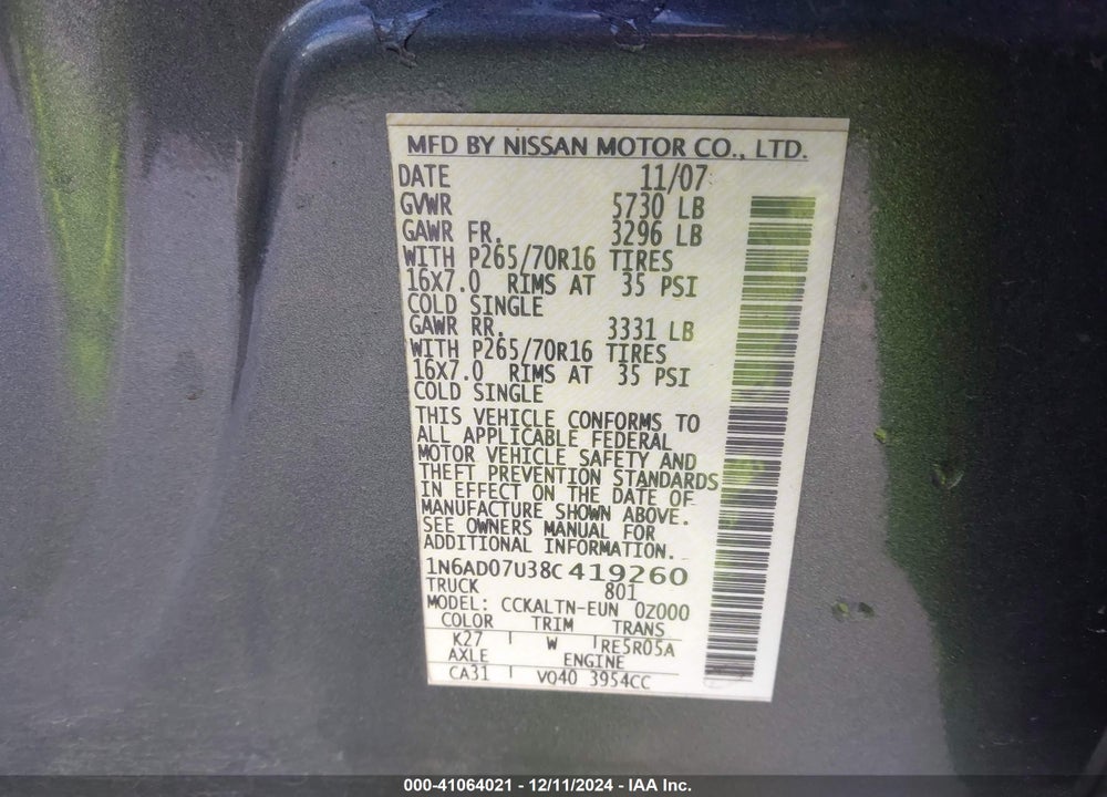 2008 NISSAN FRONTIER SE VIN: 1N6AD07U38C419260