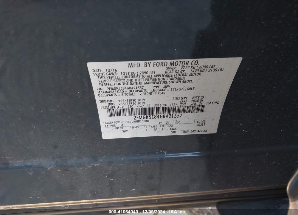 2016 FORD FLEX SEL VIN: 2FMGK5C84GBA21557