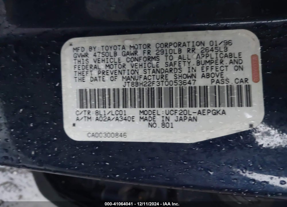 1996 LEXUS LS 400 VIN: JT8BH22F3T0053647