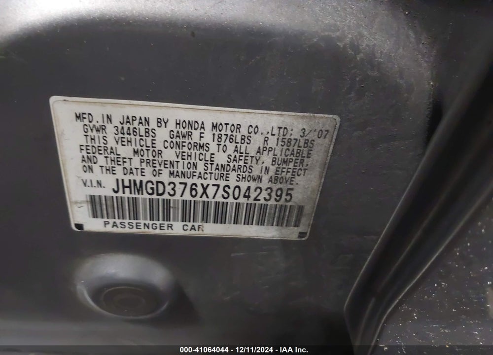 2007 HONDA FIT SPORT VIN: JHMGD376X7S042395