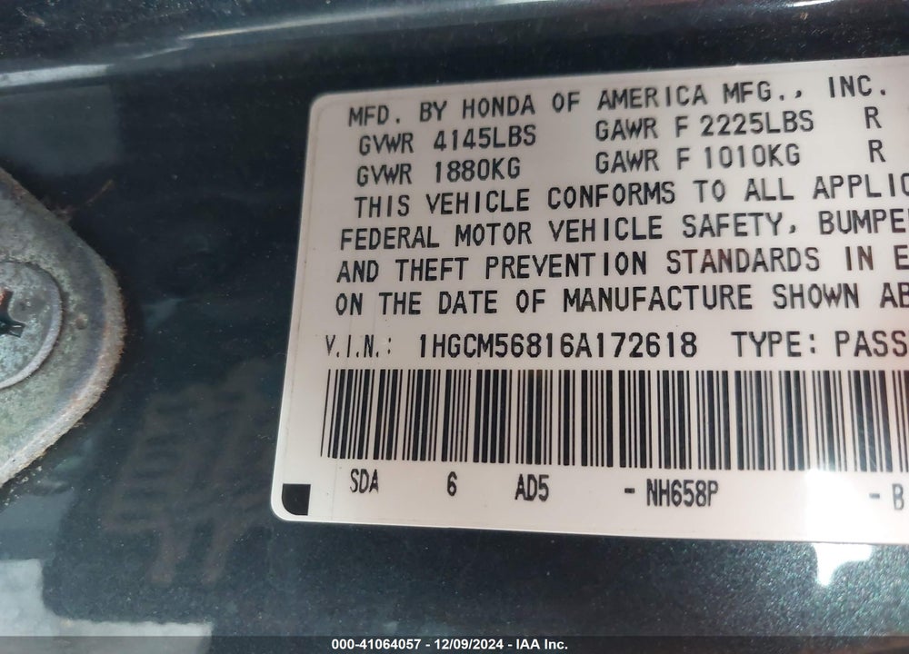 2006 HONDA ACCORD 2.4 EX VIN: 1HGCM56816A172618