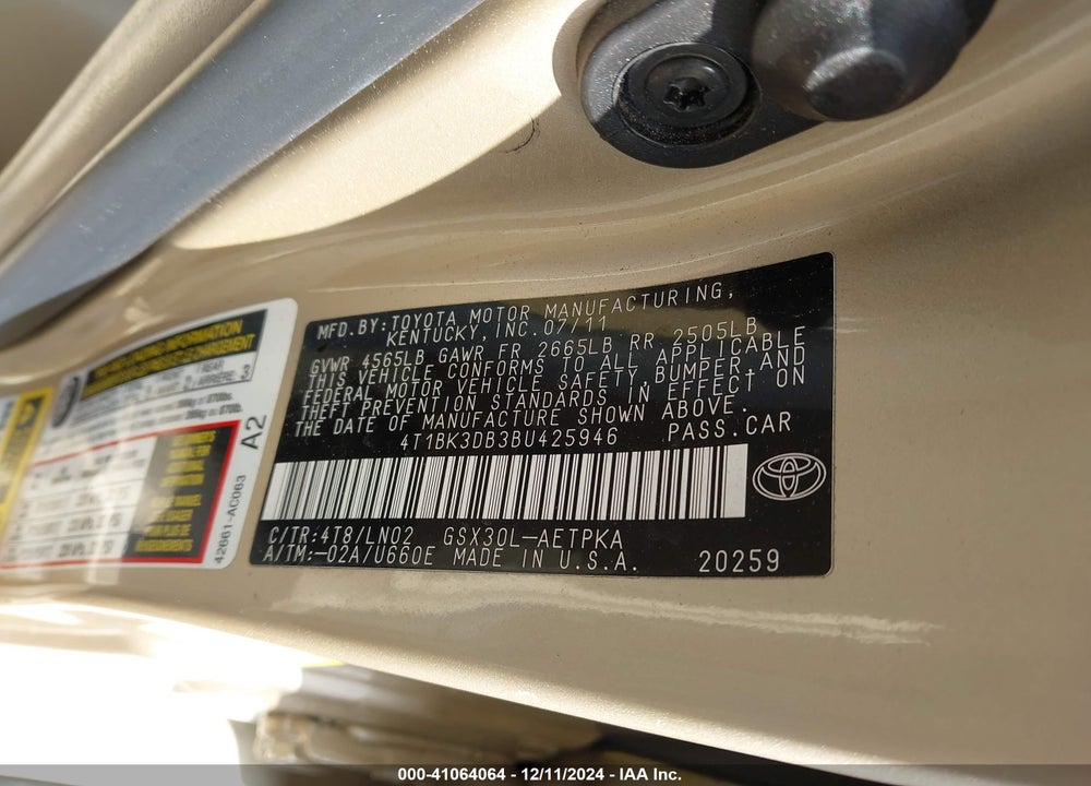 2011 TOYOTA AVALON LIMITED VIN: 4T1BK3DB3BU425946