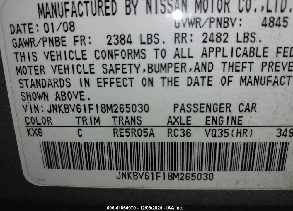 2008 INFINITI G35X VIN: JNKBV61F18M265030