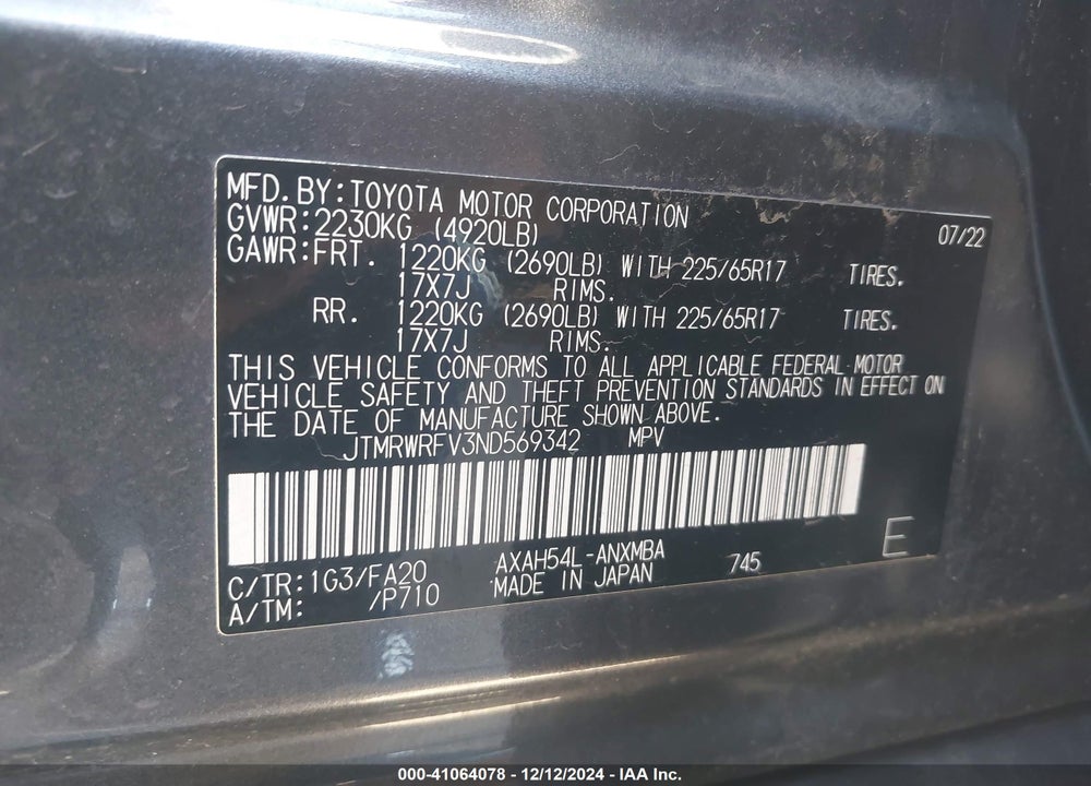 2022 TOYOTA RAV4 HYBRID XLE VIN: JTMRWRFV3ND569342