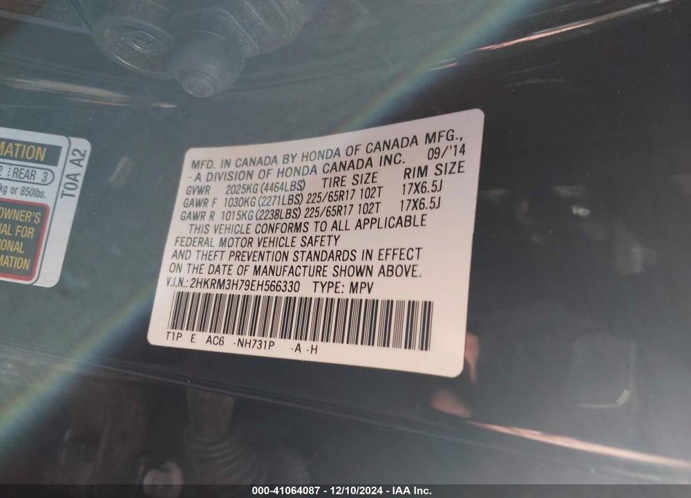 2014 HONDA CR-V EX-L VIN: 2HKRM3H79EH566330