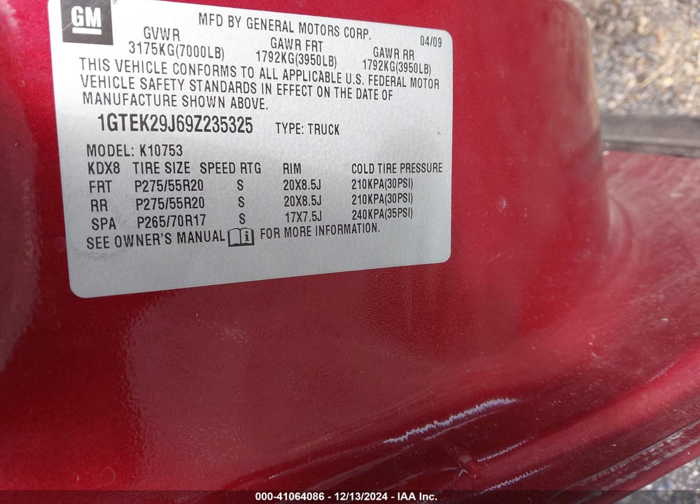 2009 GMC SIERRA 1500 SLE VIN: 1GTEK29J69Z235325
