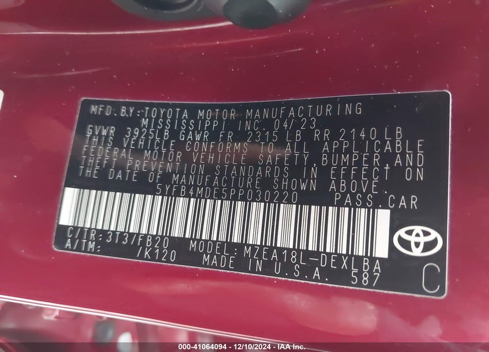 2023 TOYOTA COROLLA LE VIN: 5YFB4MDE5PP030220