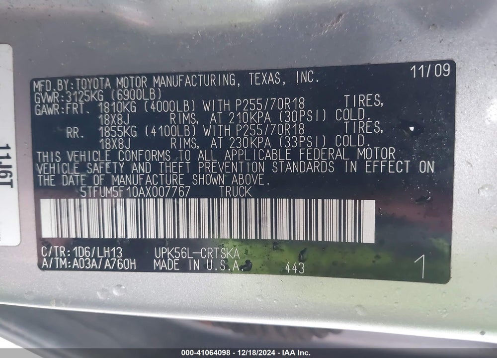 2010 TOYOTA TUNDRA VIN: 5TFUM5F10AX007767