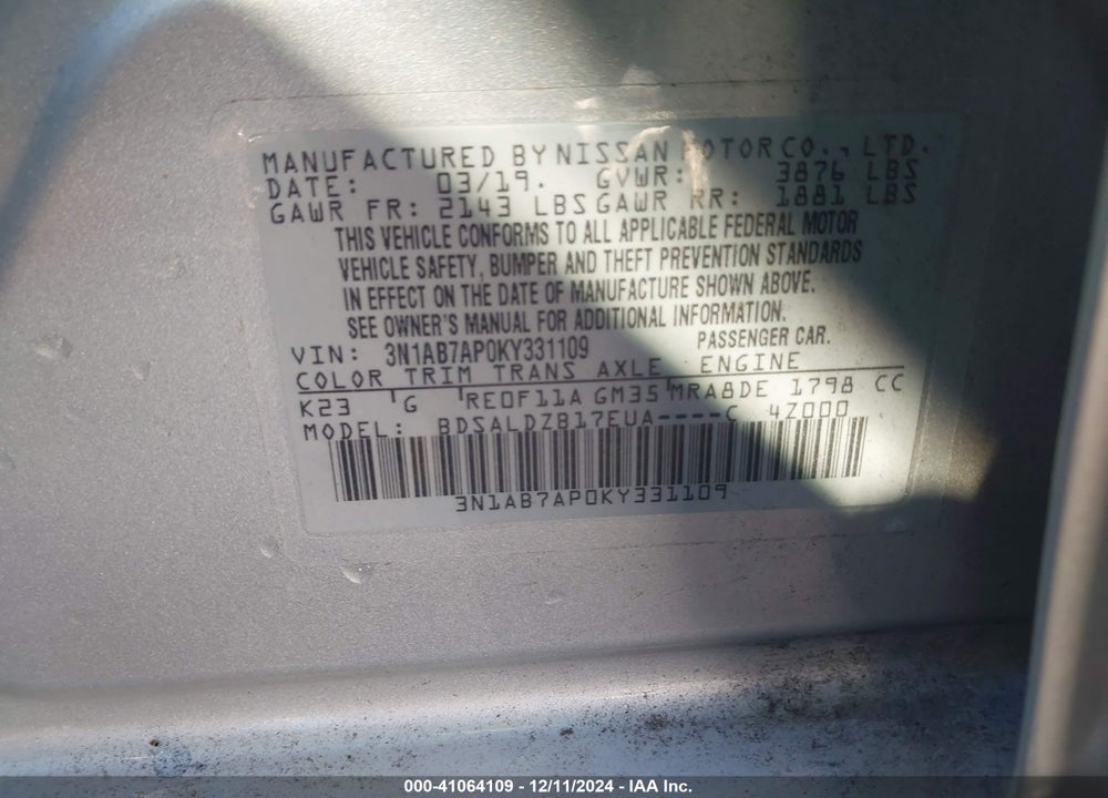 2019 NISSAN SENTRA SV VIN: 3N1AB7AP0KY331109