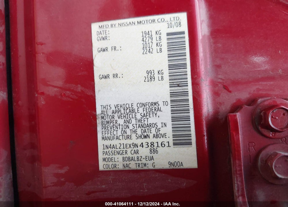 2009 NISSAN ALTIMA 2.5 S VIN: 1N4AL21EX9N438161