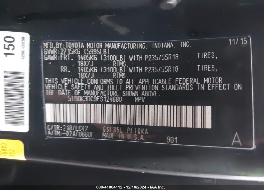2015 TOYOTA SIENNA XLE 7 PASSENGER VIN: 5TDDK3DC9FS124680
