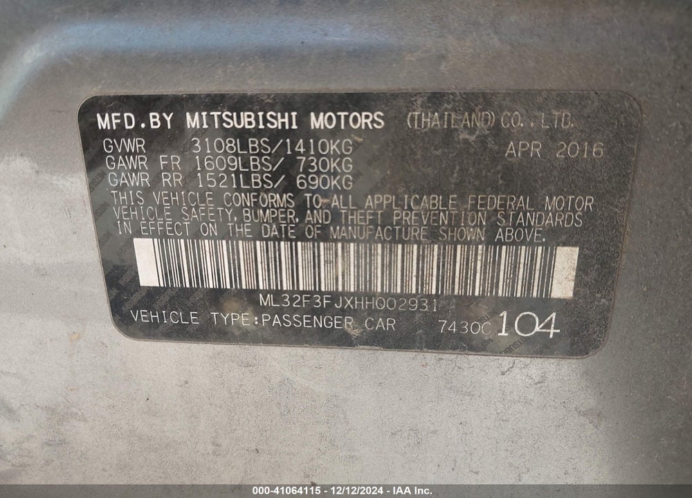 2017 MITSUBISHI MIRAGE G4 ES VIN: ML32F3FJXHH002931