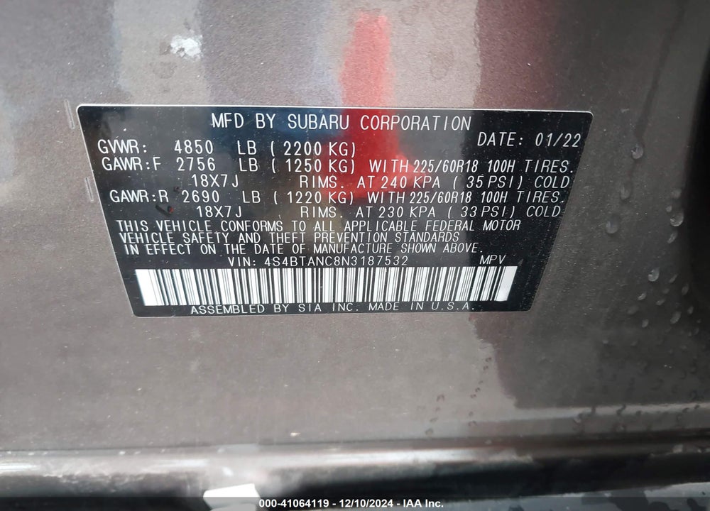 2022 SUBARU OUTBACK LIMITED VIN: 4S4BTANC8N3187532