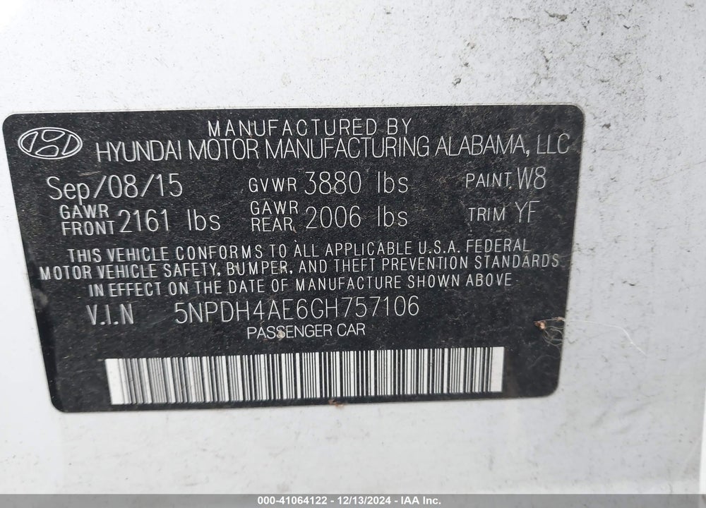 2016 HYUNDAI ELANTRA SE VIN: 5NPDH4AE6GH757106
