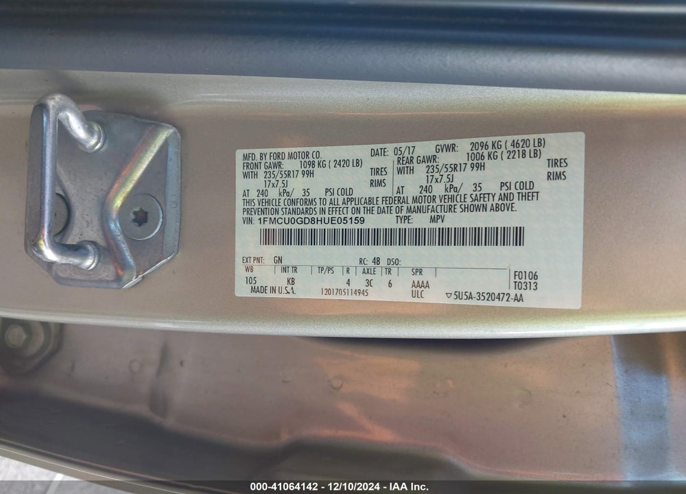 2017 FORD ESCAPE VIN: 1FMCU0GD8HUE05159