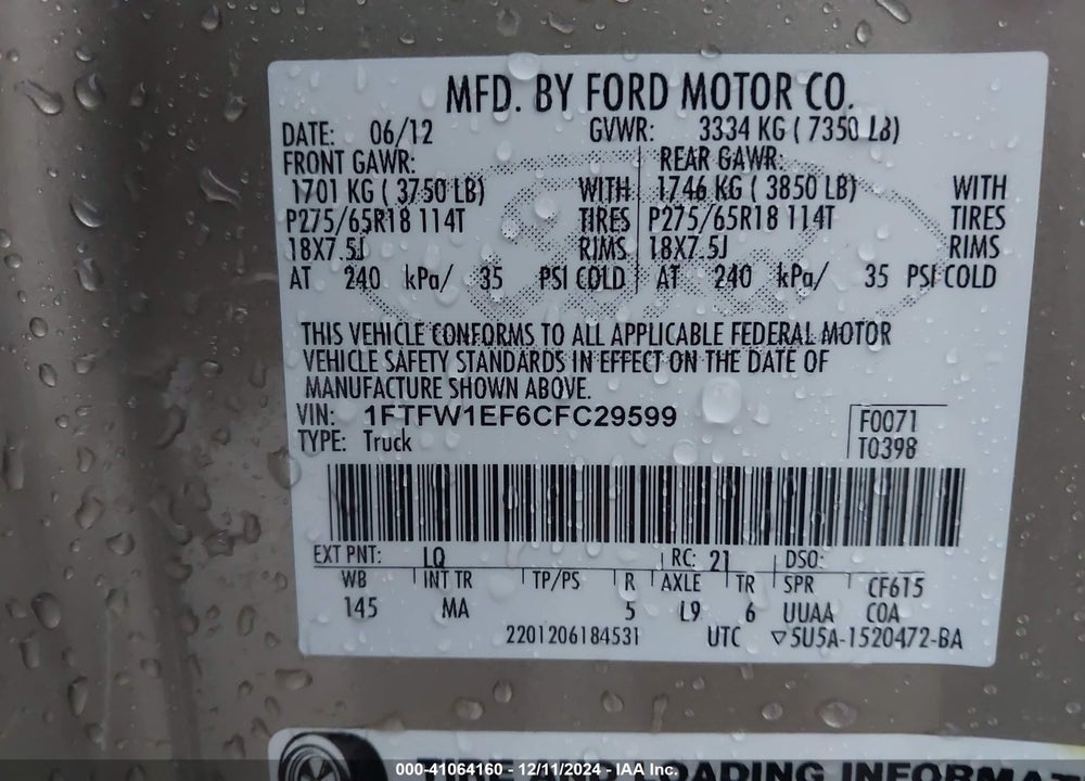 2012 FORD F-150 XLT VIN: 1FTFW1EF6CFC29599