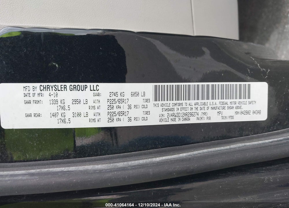 2010 VOLKSWAGEN ROUTAN SE VIN: 2V4RW3D12AR296274
