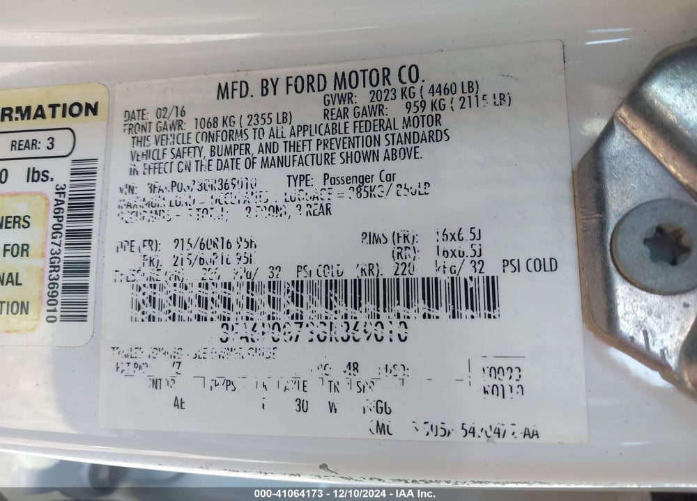 2016 FORD FUSION S VIN: 3FA6P0G73GR369010