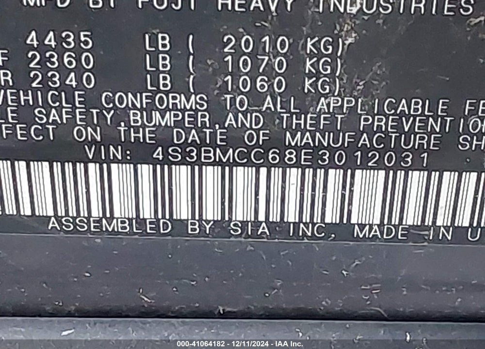 2014 SUBARU LEGACY 2.5I PREMIUM VIN: 4S3BMCC68E3012031