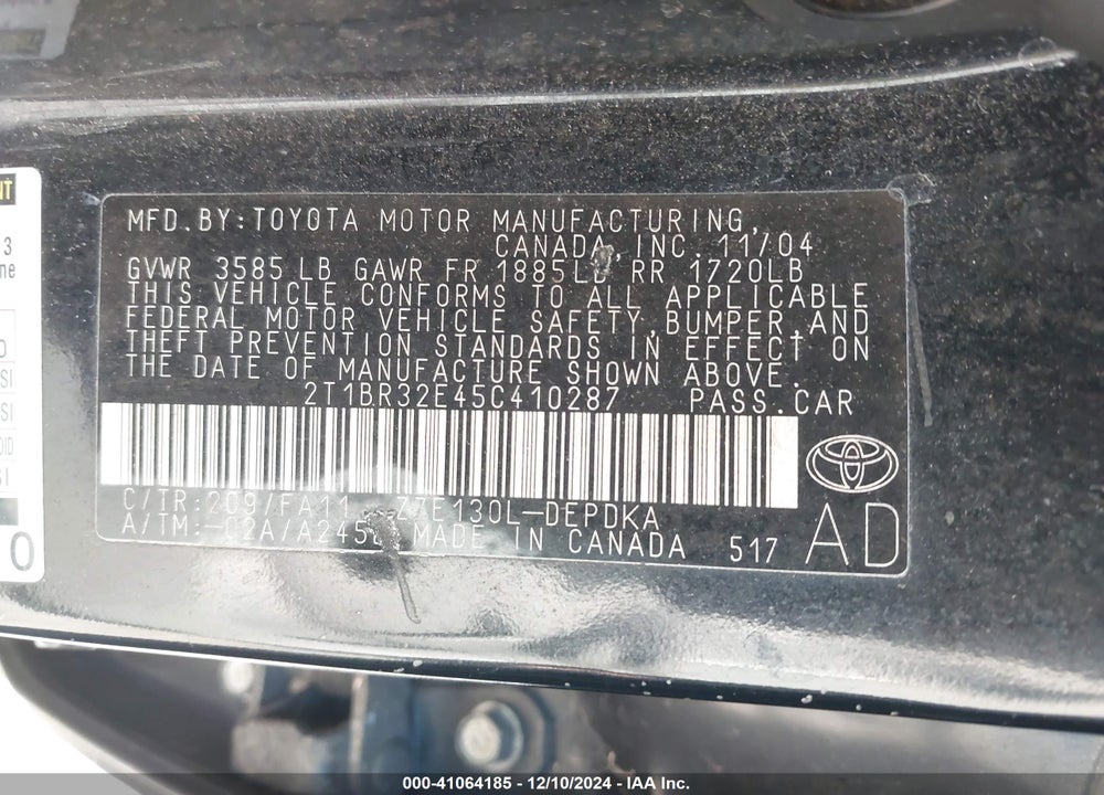 2005 TOYOTA COROLLA CE VIN: 2T1BR32E45C410287