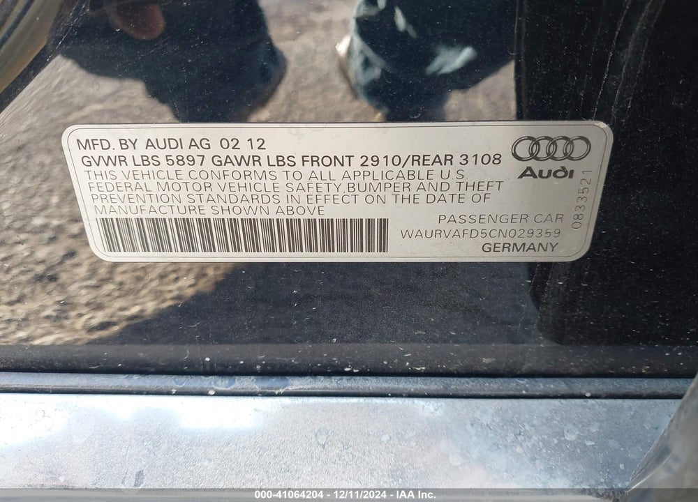 2012 AUDI A8 L 4.2 VIN: WAURVAFD5CN029359
