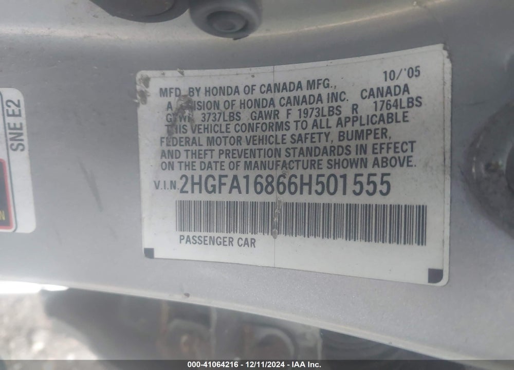 2006 HONDA CIVIC EX VIN: 2HGFA16866H501555