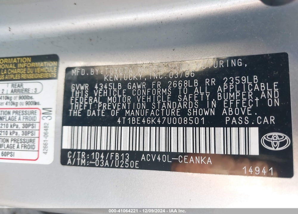 2007 TOYOTA CAMRY LE VIN: 4T1BE46K47U008501