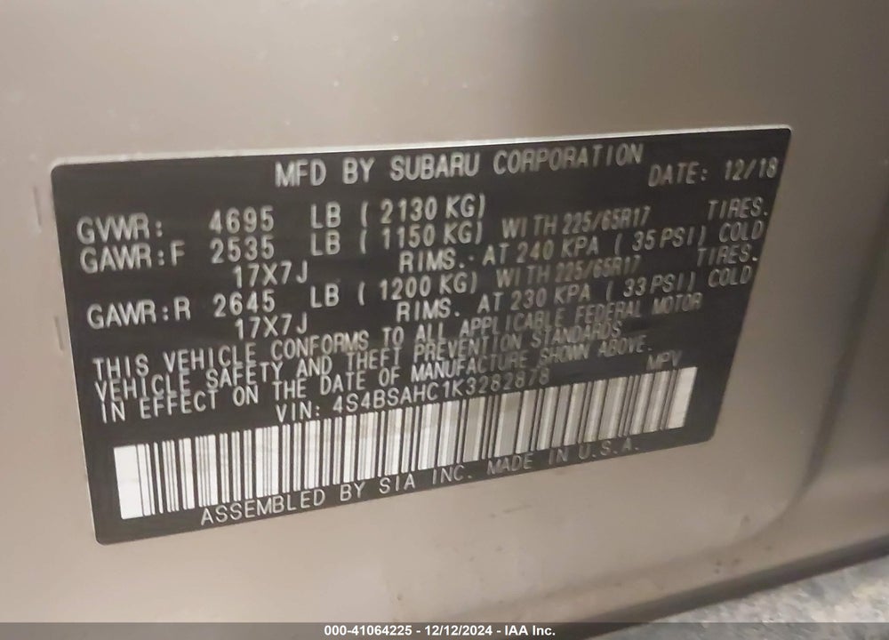 2019 SUBARU OUTBACK 2.5I PREMIUM VIN: 4S4BSAHC1K3282878