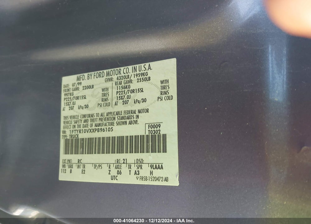 1999 FORD RANGER XL/XLT VIN: 1FTYR10VXXPB96105