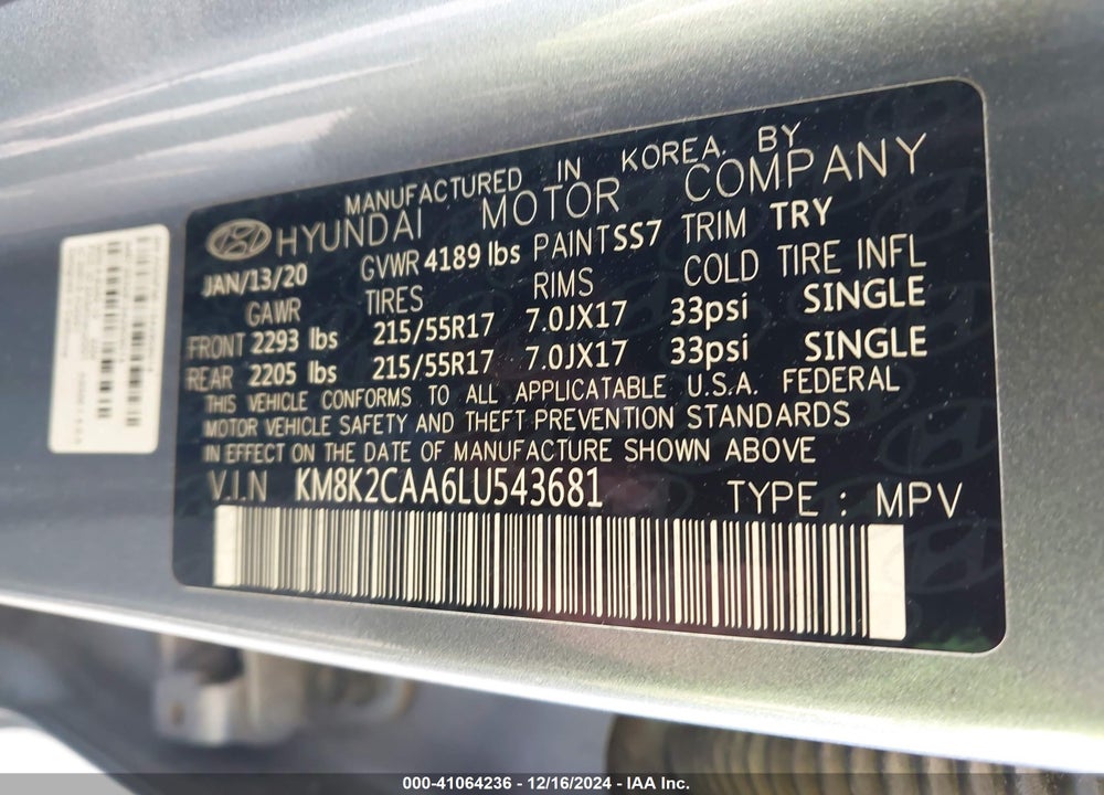 2020 HYUNDAI KONA SEL VIN: KM8K2CAA6LU543681