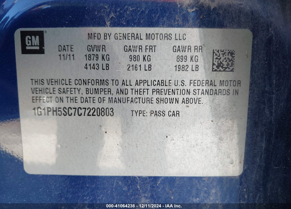 2012 CHEVROLET CRUZE VIN: 1G1PH5SC7C7220803
