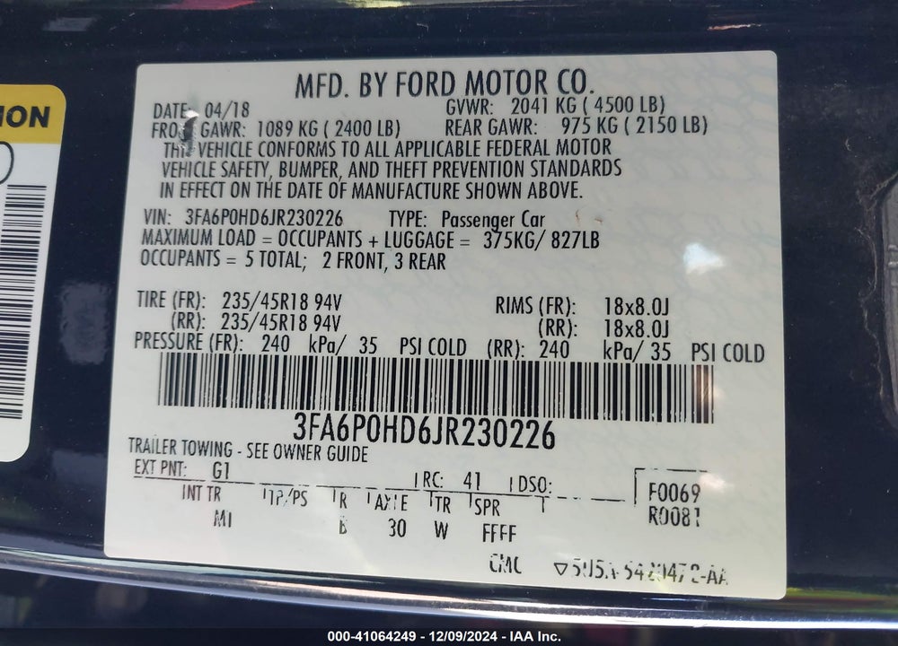 2018 FORD FUSION SE VIN: 3FA6P0HD6JR230226