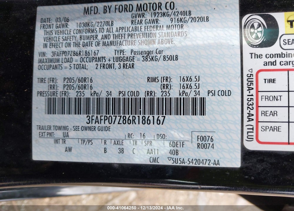 2006 FORD FUSION SE VIN: 3FAFP07Z86R186167