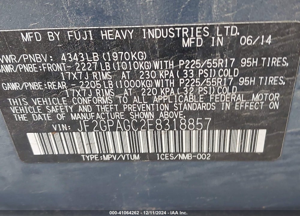 2014 SUBARU XV CROSSTREK 2.0I LIMITED VIN: JF2GPAGC2E8318857