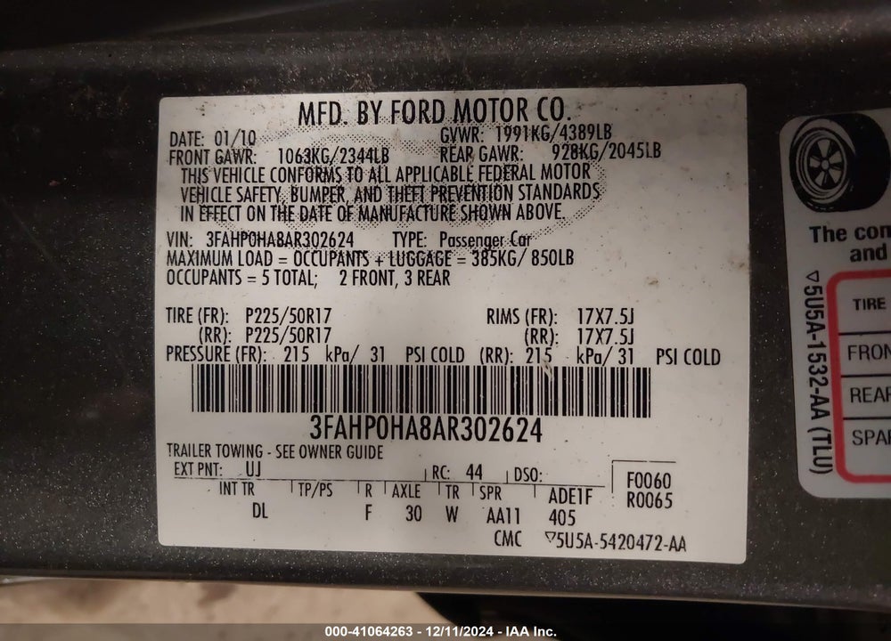 2010 FORD FUSION SE VIN: 3FAHP0HA8AR302624