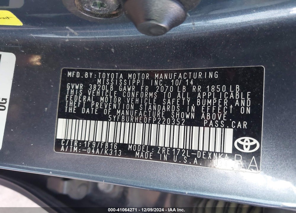 2015 TOYOTA COROLLA LE PLUS VIN: 5YFBURHE0FP220352