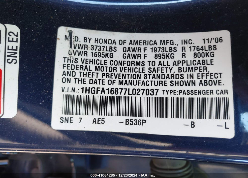 2007 HONDA CIVIC EX VIN: 1HGFA16877L027037
